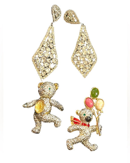 Vintage rhinestone jewelry LOT crystals Dangle earrings Teddy bears pendant