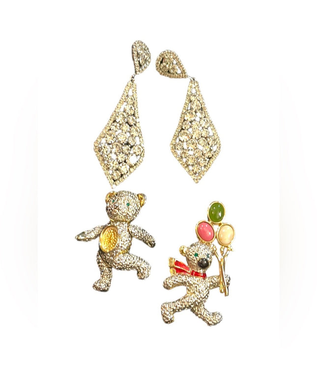 Vintage rhinestone jewelry LOT crystals Dangle earrings Teddy bears pendant