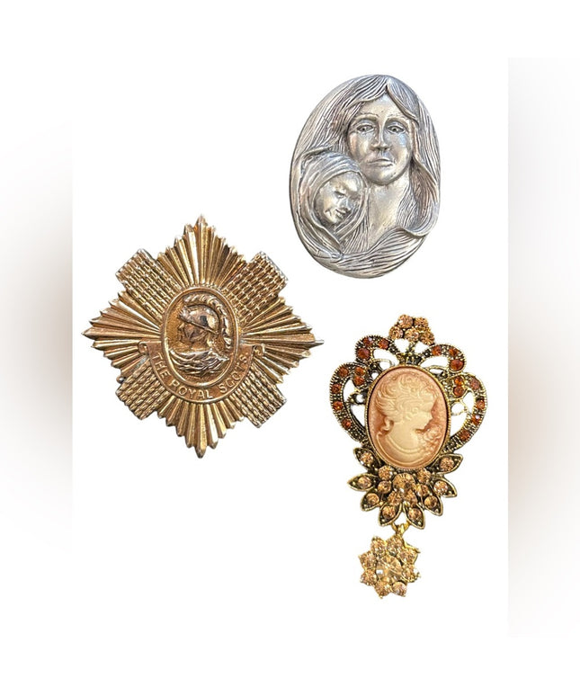 Vintage LOT jewelry Brooches Figural Cameo Type metal crystal