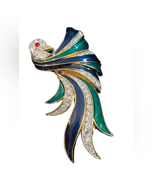 Vintage D’Orlan Bird Of Paradise 3” Enameled crystal brooch