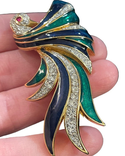 Vintage D’Orlan Bird Of Paradise 3” Enameled crystal brooch