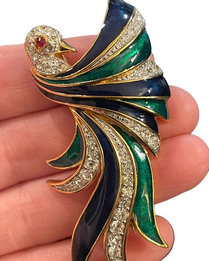 Vintage D’Orlan Bird Of Paradise 3” Enameled crystal brooch