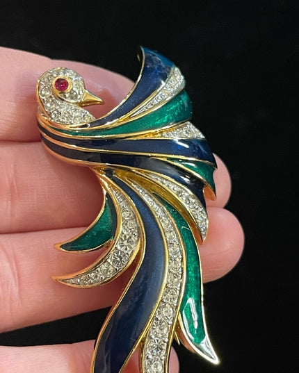 Vintage D’Orlan Bird Of Paradise 3” Enameled crystal brooch