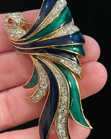 Vintage D’Orlan Bird Of Paradise 3” Enameled crystal brooch