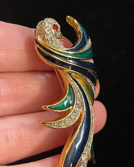 Vintage D’Orlan Bird Of Paradise 3” Enameled crystal brooch