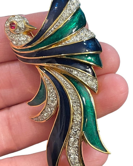 Vintage D’Orlan Bird Of Paradise 3” Enameled crystal brooch