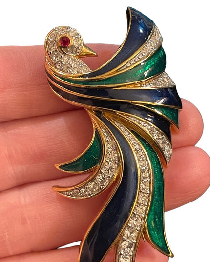 Vintage D’Orlan Bird Of Paradise 3” Enameled crystal brooch