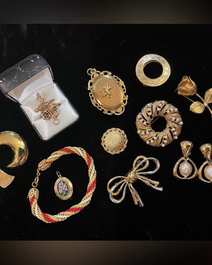 Vintage GOLD finish jewelry lot brooches locket earrings ring scarf clip