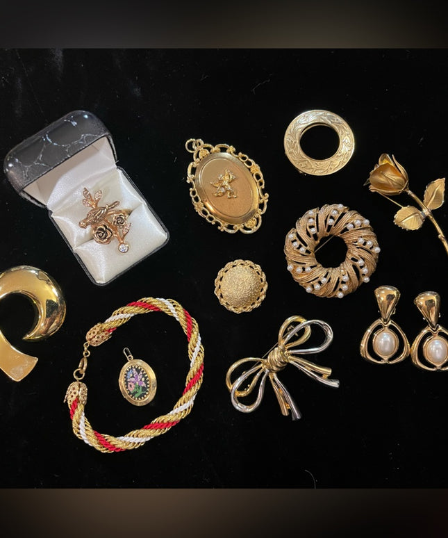 Vintage GOLD finish jewelry lot brooches locket earrings ring scarf clip