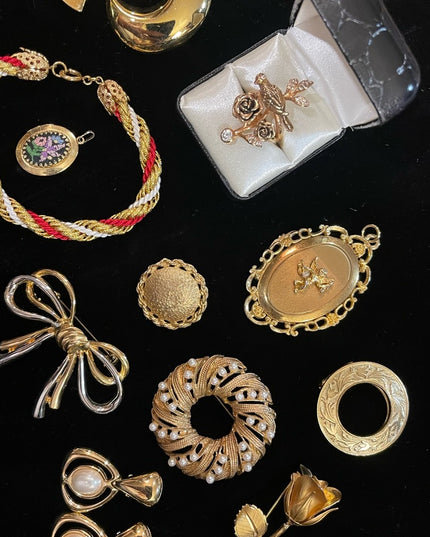 Vintage GOLD finish jewelry lot brooches locket earrings ring scarf clip