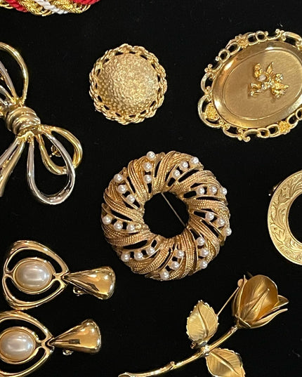 Vintage GOLD finish jewelry lot brooches locket earrings ring scarf clip