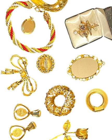 Vintage GOLD finish jewelry lot brooches locket earrings ring scarf clip