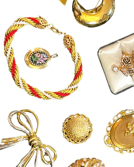 Vintage GOLD finish jewelry lot brooches locket earrings ring scarf clip