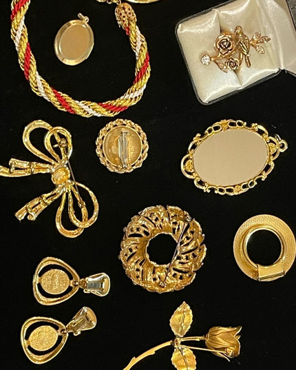 Vintage GOLD finish jewelry lot brooches locket earrings ring scarf clip