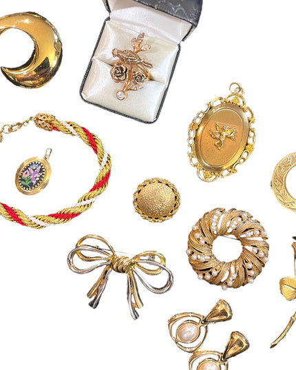 Vintage GOLD finish jewelry lot brooches locket earrings ring scarf clip
