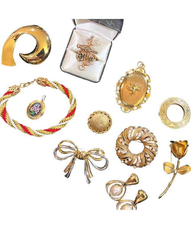 Vintage GOLD finish jewelry lot brooches locket earrings ring scarf clip