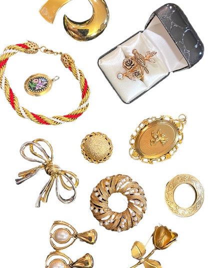 Vintage GOLD finish jewelry lot brooches locket earrings ring scarf clip