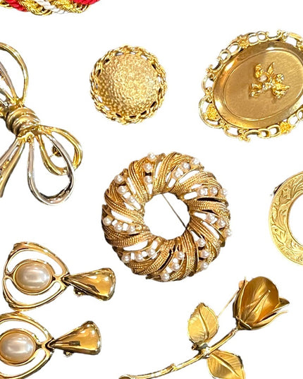 Vintage GOLD finish jewelry lot brooches locket earrings ring scarf clip