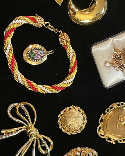 Vintage GOLD finish jewelry lot brooches locket earrings ring scarf clip