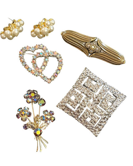 Vintage crystal fancy brooch lot earrings faux pearls flower geometric