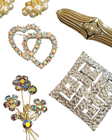 Vintage crystal fancy brooch lot earrings faux pearls flower geometric