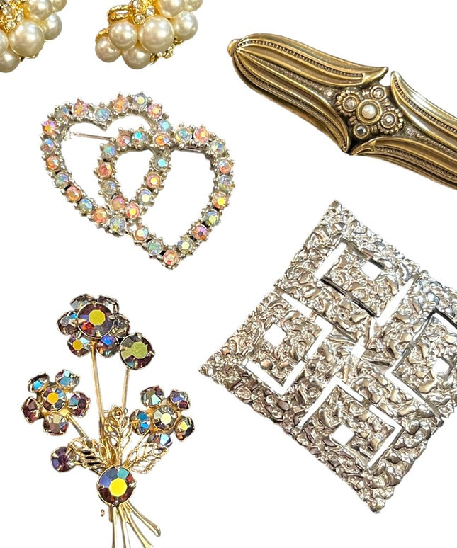 Vintage crystal fancy brooch lot earrings faux pearls flower geometric