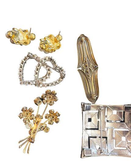 Vintage crystal fancy brooch lot earrings faux pearls flower geometric