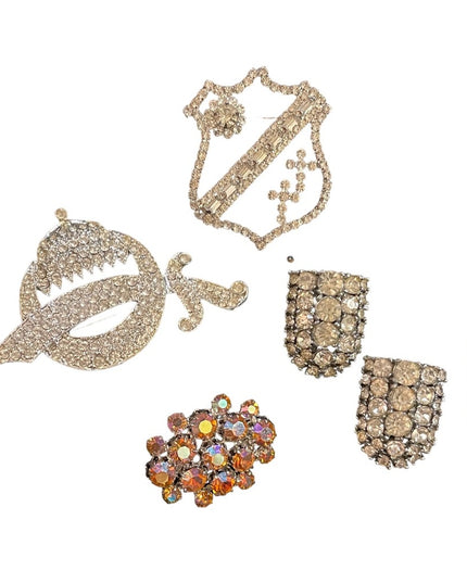 Vintage fancy rhinestone crystal brooch shoe buckle lot sword coat of arms