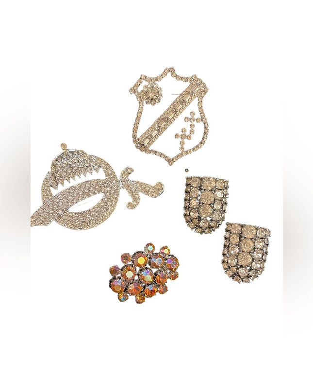 Vintage fancy rhinestone crystal brooch shoe buckle lot sword coat of arms