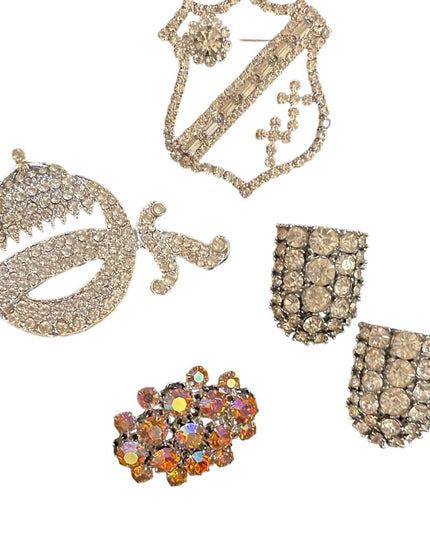 Vintage fancy rhinestone crystal brooch shoe buckle lot sword coat of arms