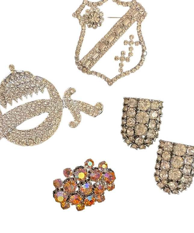 Vintage fancy rhinestone crystal brooch shoe buckle lot sword coat of arms