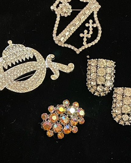 Vintage fancy rhinestone crystal brooch shoe buckle lot sword coat of arms