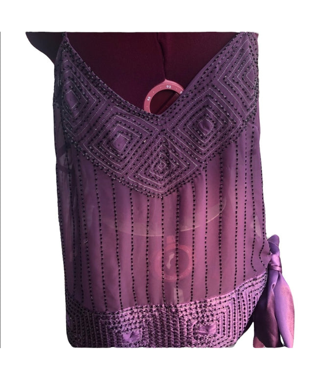 NWT Danier sheer Beaded Shell Blouse Purple sash