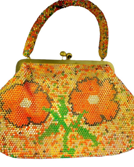 Beautiful Vintage orange flower bead purse beaded 1970s