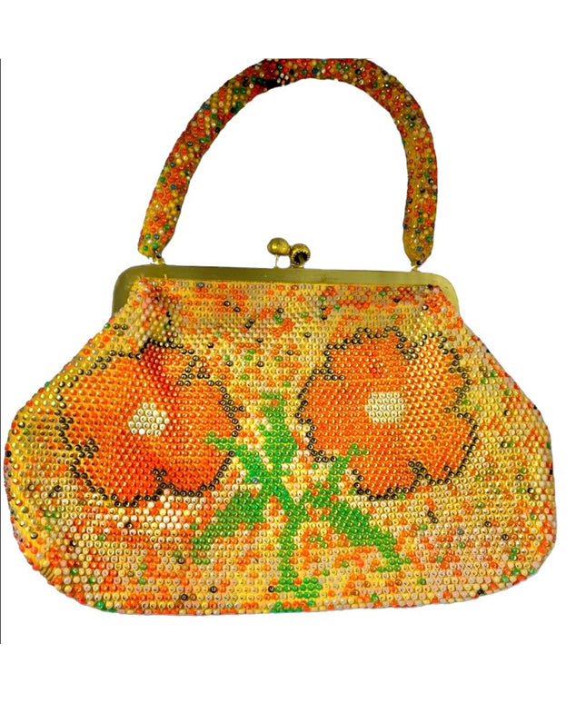 Beautiful Vintage orange flower bead purse beaded 1970s