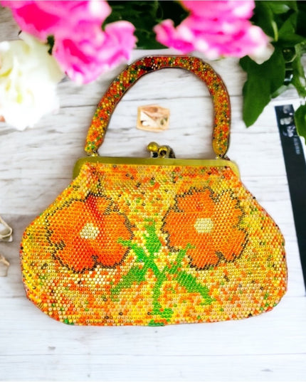 Beautiful Vintage orange flower bead purse beaded 1970s
