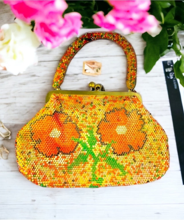 Beautiful Vintage orange flower bead purse beaded 1970s