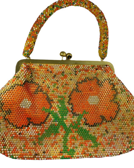 Beautiful Vintage orange flower bead purse beaded 1970s