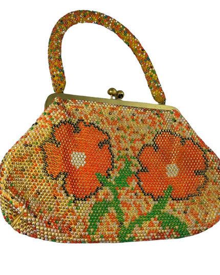 Beautiful Vintage orange flower bead purse beaded 1970s