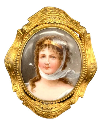 Antique Hand painted etched fancy framed Lady girl cameo Victorian brooch