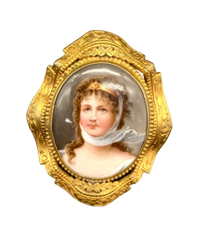 Antique Hand painted etched fancy framed Lady girl cameo Victorian brooch