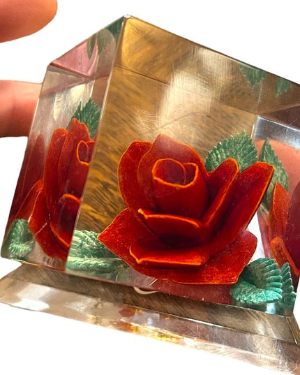 Vintage Mid Century Joseph Kulina Rose flower handmade resin paperweight