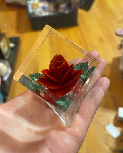 Vintage Mid Century Joseph Kulina Rose flower handmade resin paperweight
