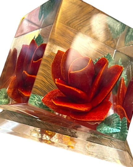 Vintage Mid Century Joseph Kulina Rose flower handmade resin paperweight