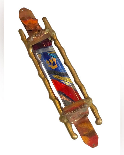 GARY ROSENTHAL JUDAICA FUSED ART GLASS & METAL MEZUZAH with SCROLL 7” Jewish
