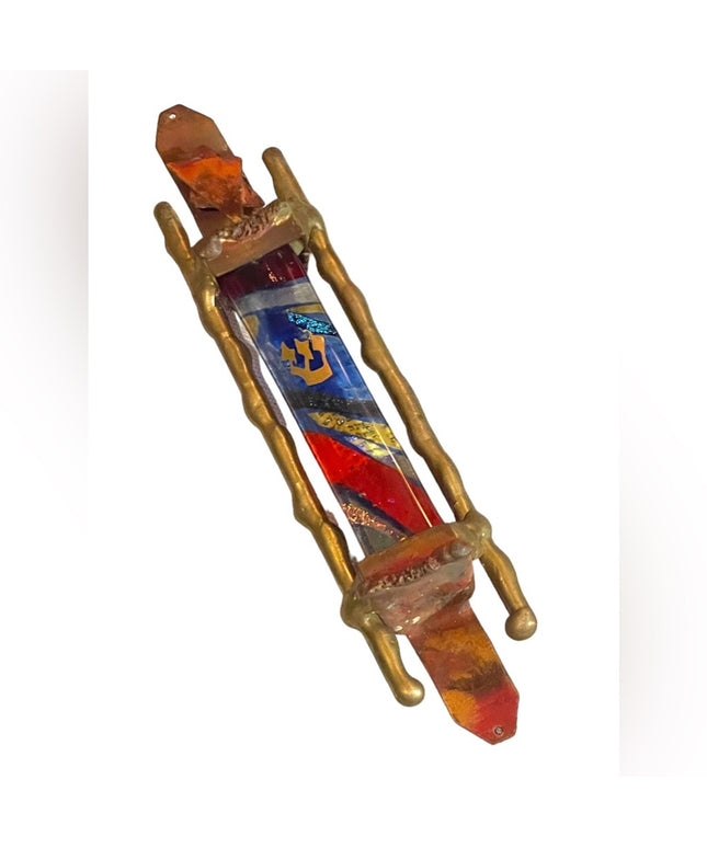 GARY ROSENTHAL JUDAICA FUSED ART GLASS & METAL MEZUZAH with SCROLL 7” Jewish