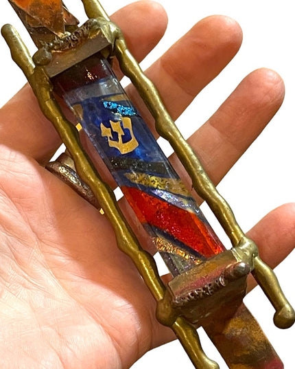 GARY ROSENTHAL JUDAICA FUSED ART GLASS & METAL MEZUZAH with SCROLL 7” Jewish