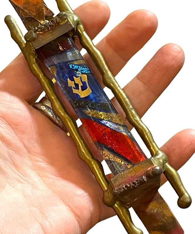 GARY ROSENTHAL JUDAICA FUSED ART GLASS & METAL MEZUZAH with SCROLL 7” Jewish