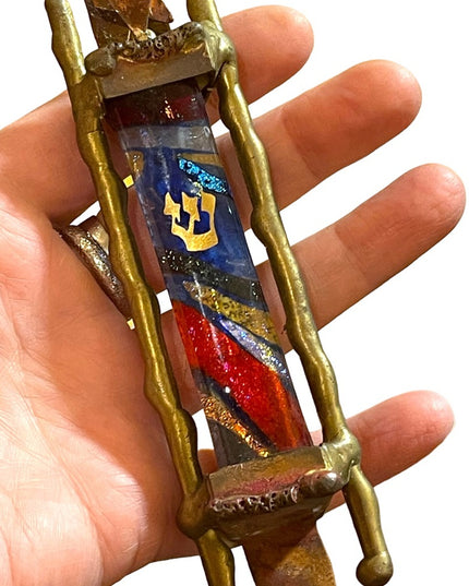 GARY ROSENTHAL JUDAICA FUSED ART GLASS & METAL MEZUZAH with SCROLL 7” Jewish