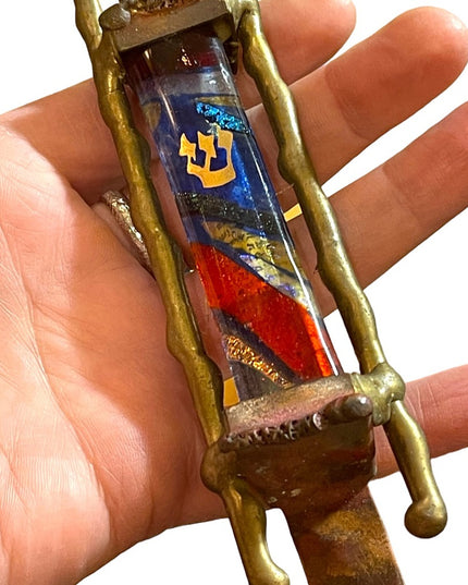 GARY ROSENTHAL JUDAICA FUSED ART GLASS & METAL MEZUZAH with SCROLL 7” Jewish